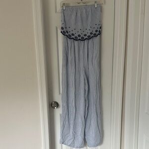 Jessica Simpson Blue & White Striped Strapless Jumpsuit with Navy Embroidery